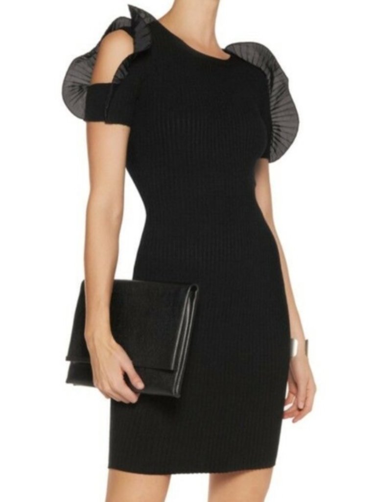 Opening Ceremony Dress Womens S Black Ribbed Knit Ruffle Sleeve Bodycon Chic